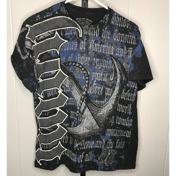 Y2K Black Ink Design Anchor AOP Black T-Shirt Grunge Punk Old English T shirt XL - Picture 1 of 7